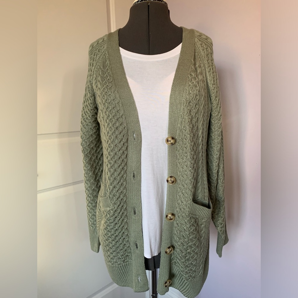 Pink Rose Mid Length Sage Green Sweater Button Up Cardigan With Pockets Size M